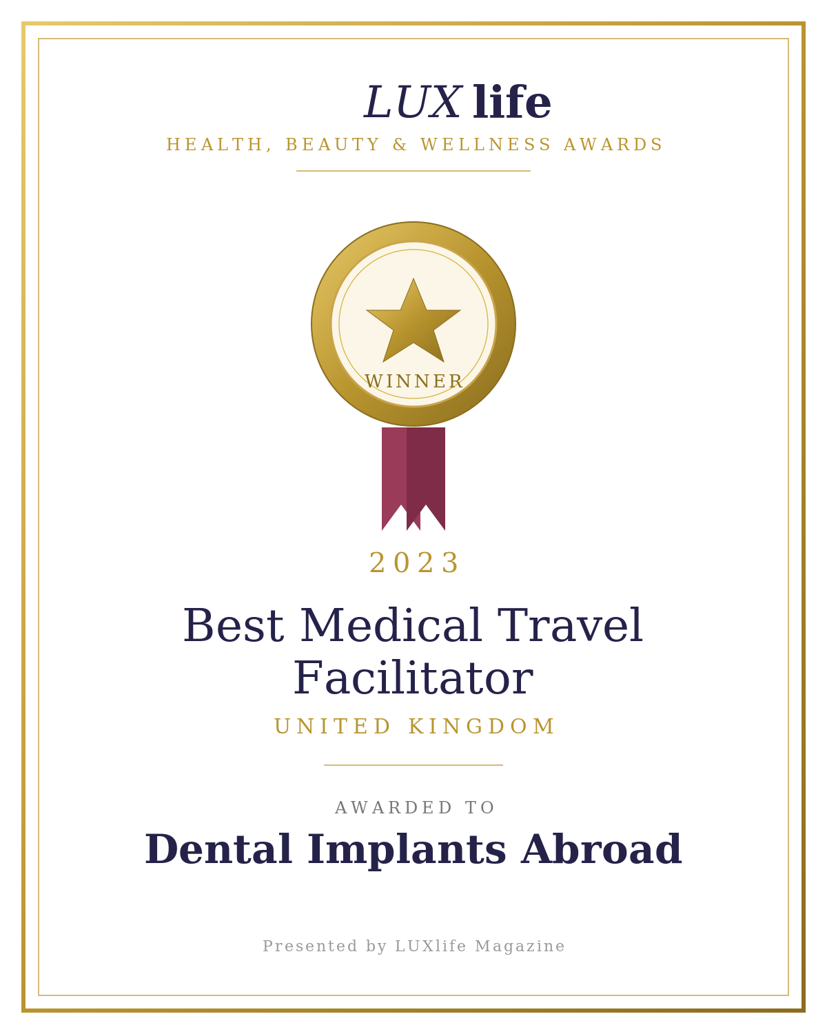 LUXlife Best Medical Travel Facilitator 2023 award